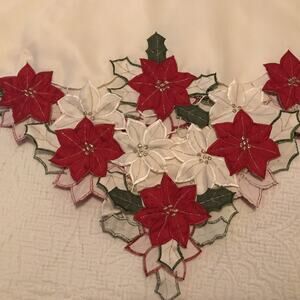 Poinsettia Embroidered Cutout Table Cloth Cream Red Gold Green 50" x 50" Square